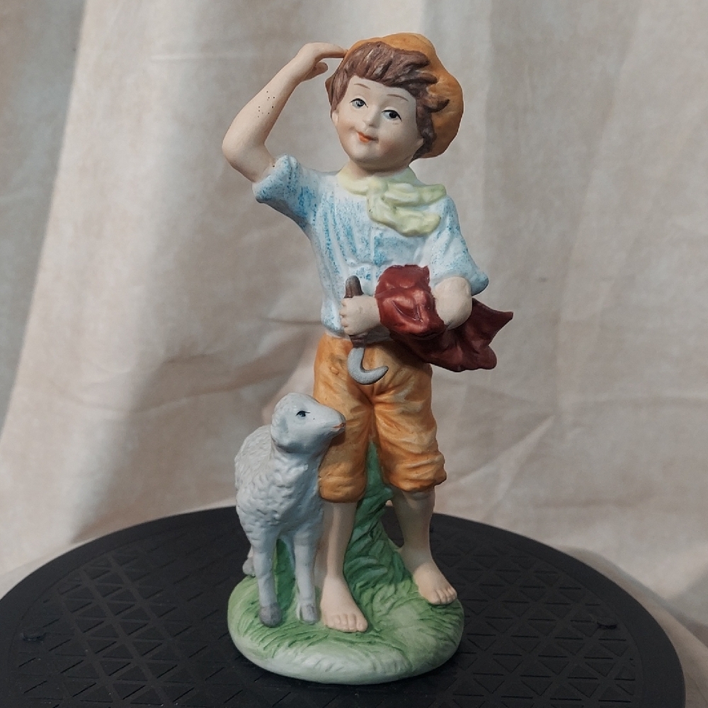 Vintage Porcelain Shepherd Boy & Lamb Figurine Hand Painted Mid-Century